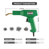 A green plastic welding gun with a staple attachment and various sizes of metal staples shown next to product parameters.