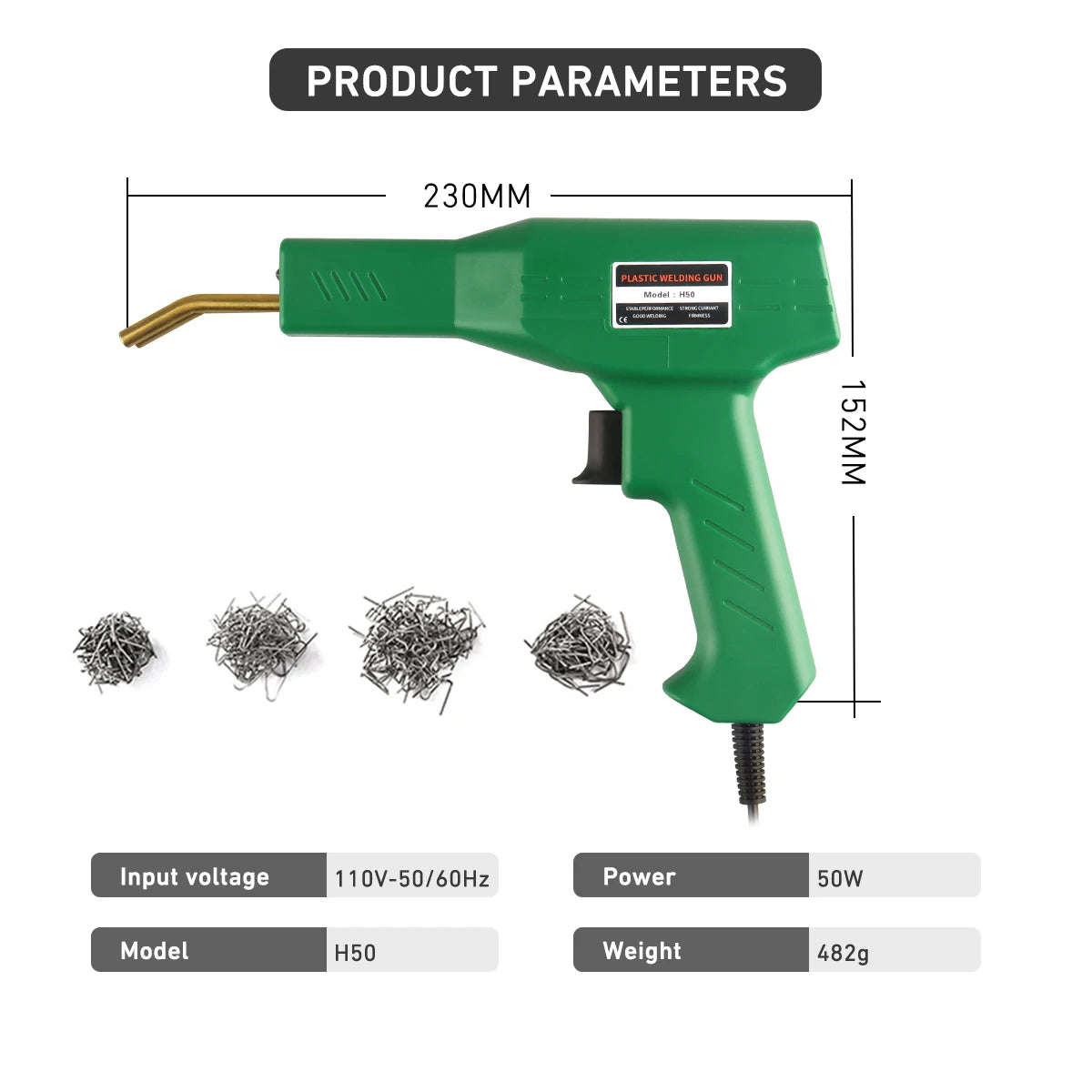 A green plastic welding gun with a staple attachment and various sizes of metal staples shown next to product parameters.