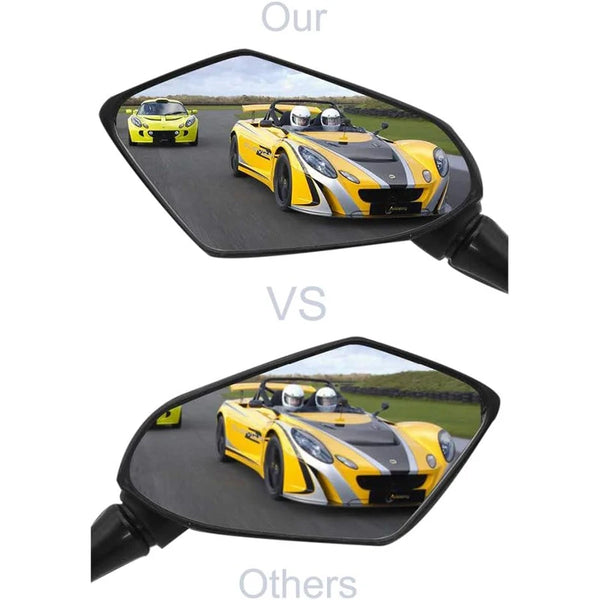 Comparación de un Aston Martin amarillo en un espejo retrovisor de motocicleta de alta visibilidad.