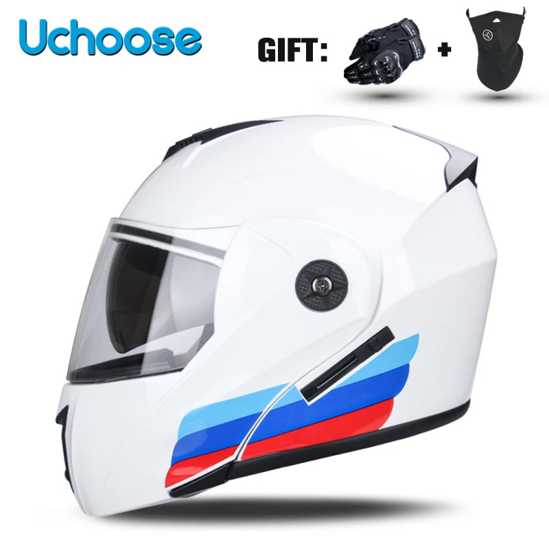 White Uchoose motorcycle helmet with blue and red stripes and a black gift included