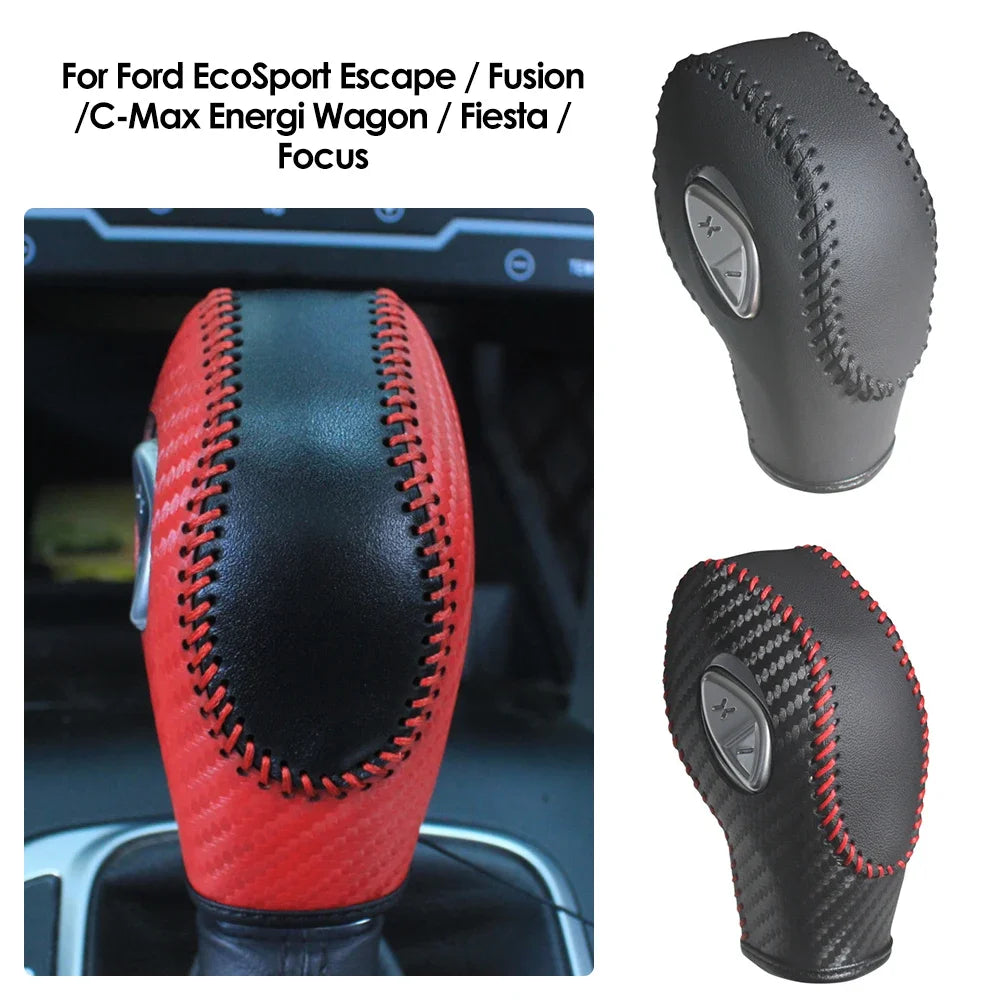 Schaltknaufabdeckung aus schwarzem und rotem PU-Leder mit Kohlefaser für Ford EcoSport, Escape, Fusion, Focus und C-Max