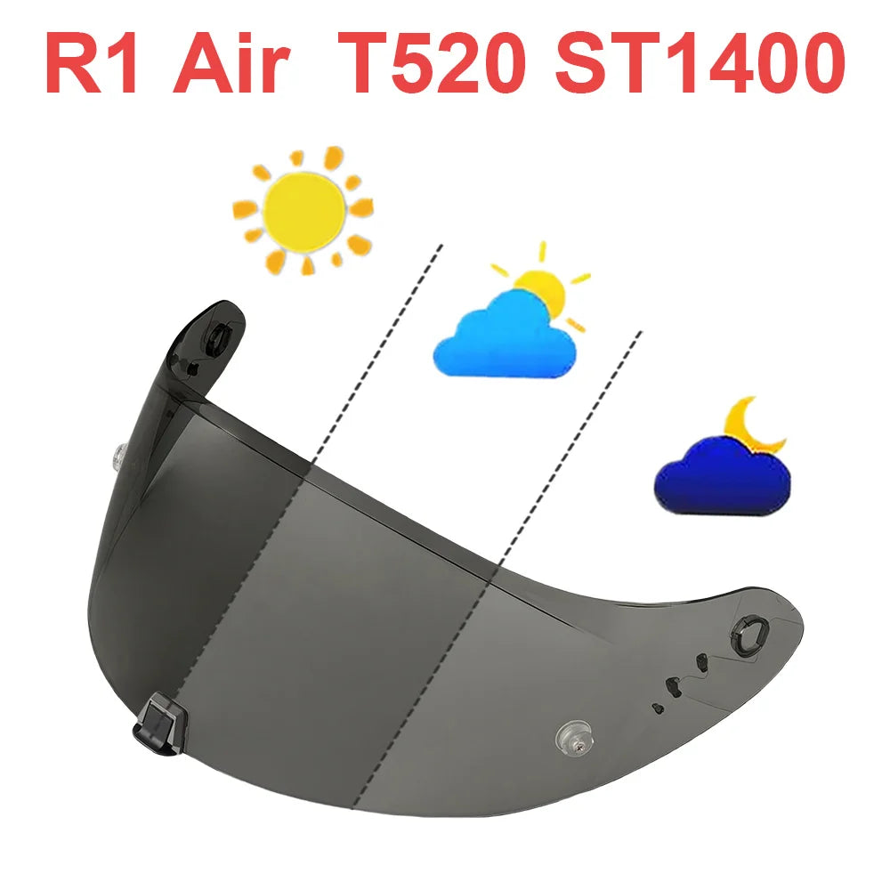 A black motorcycle helmet visor lens with a curved shape shown under various sun and moon icons.