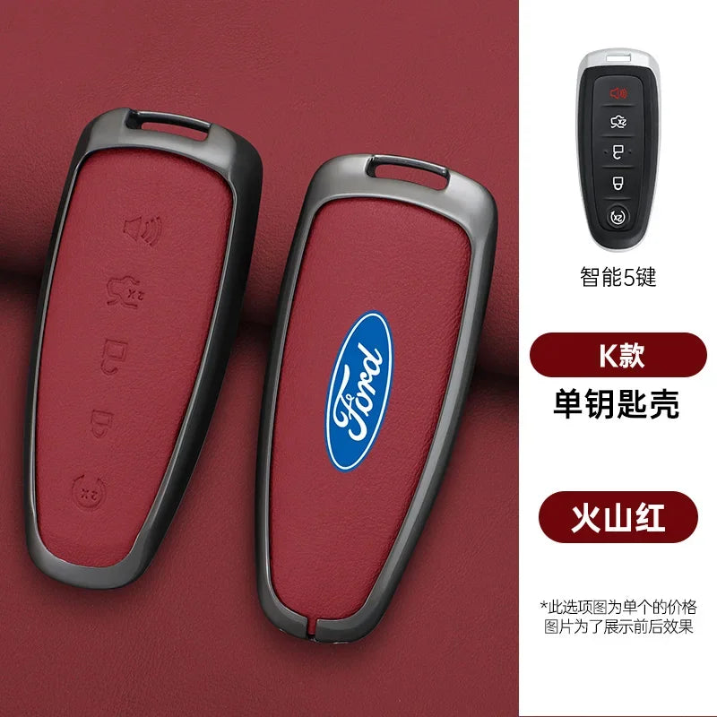 A red Ford car key cover with a black electronic remote and a white label indicating K-series single-key functionality.