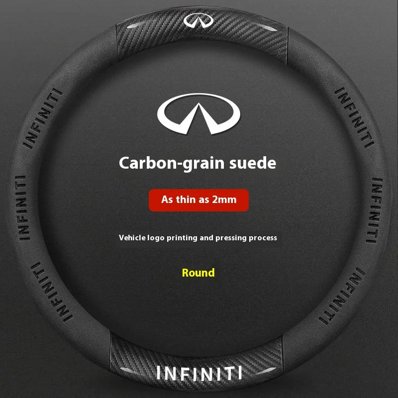 Black carbon-grain suede steering wheel covers with an Infiniti logo printing and pressing process.