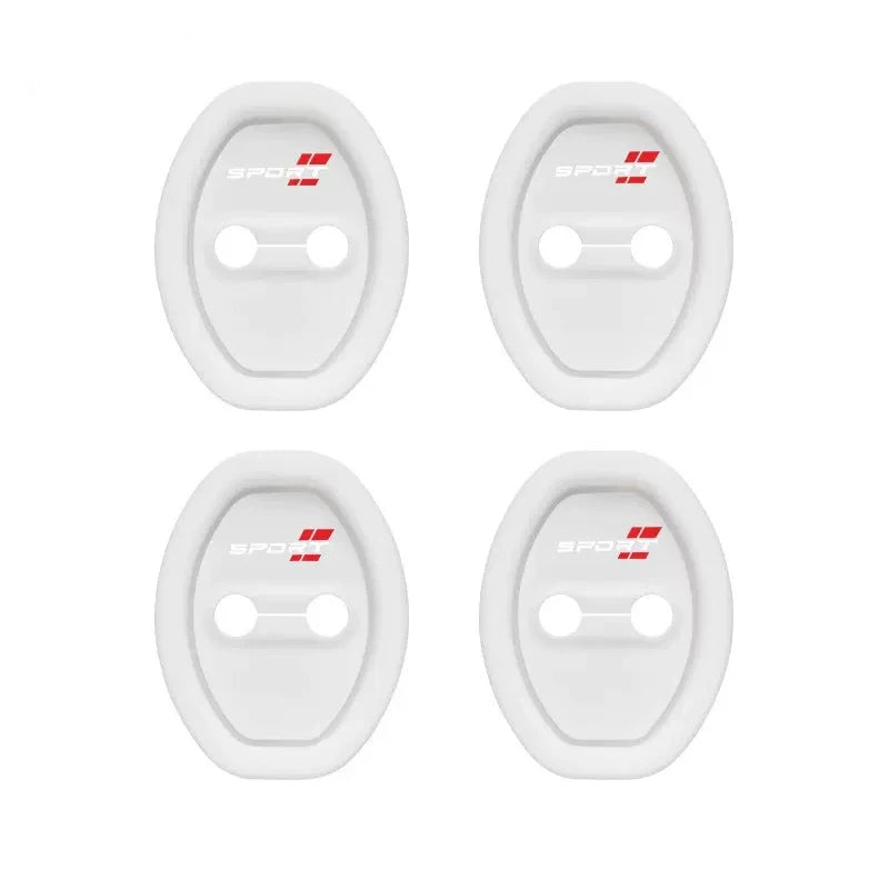 A set of four white universal car door lock protectors with red Sport branding.
