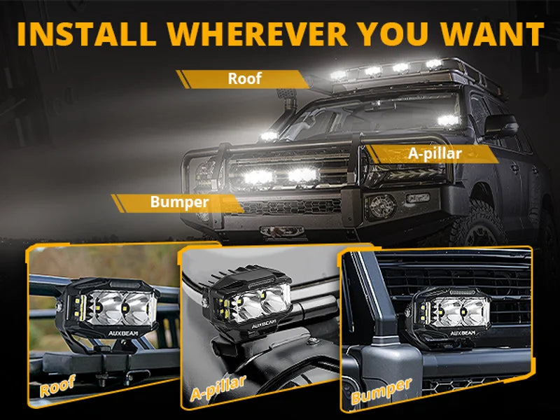 Installation options for high-performance 4-inch LED driving lights on a truck roof, A-pillar, and bumper.