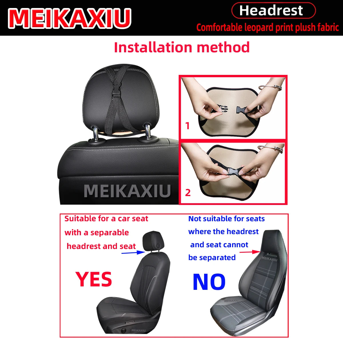 Installation method showing how to attach a headrest pillow cover to a car seat.