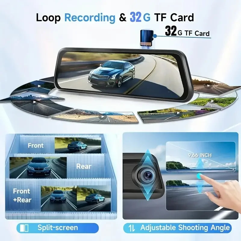 A dual-camera car dash cam with a split screen and adjustable shooting angle is shown recording a road.