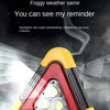 A triangular warning light with a red lens and yellow casing is shown against a dark background.