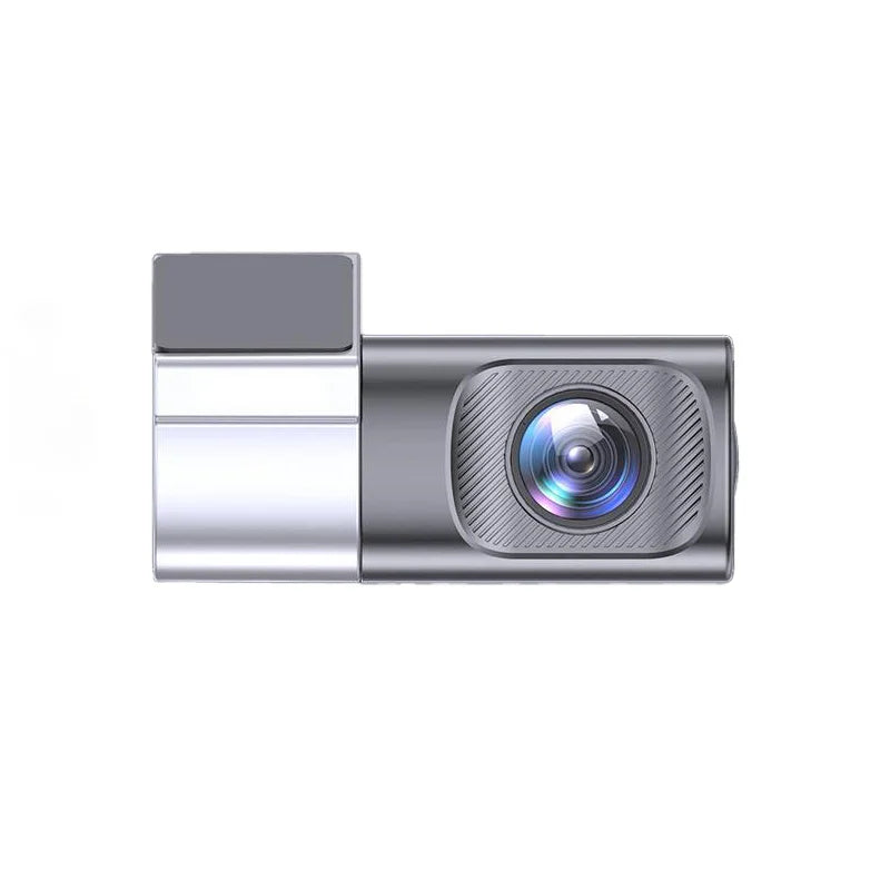 Appareil dashcam argenté avec lentille et boîtier d'enregistrement.
