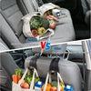 Before and after comparison showing universal car headrest hooks for storage organization preventing spills