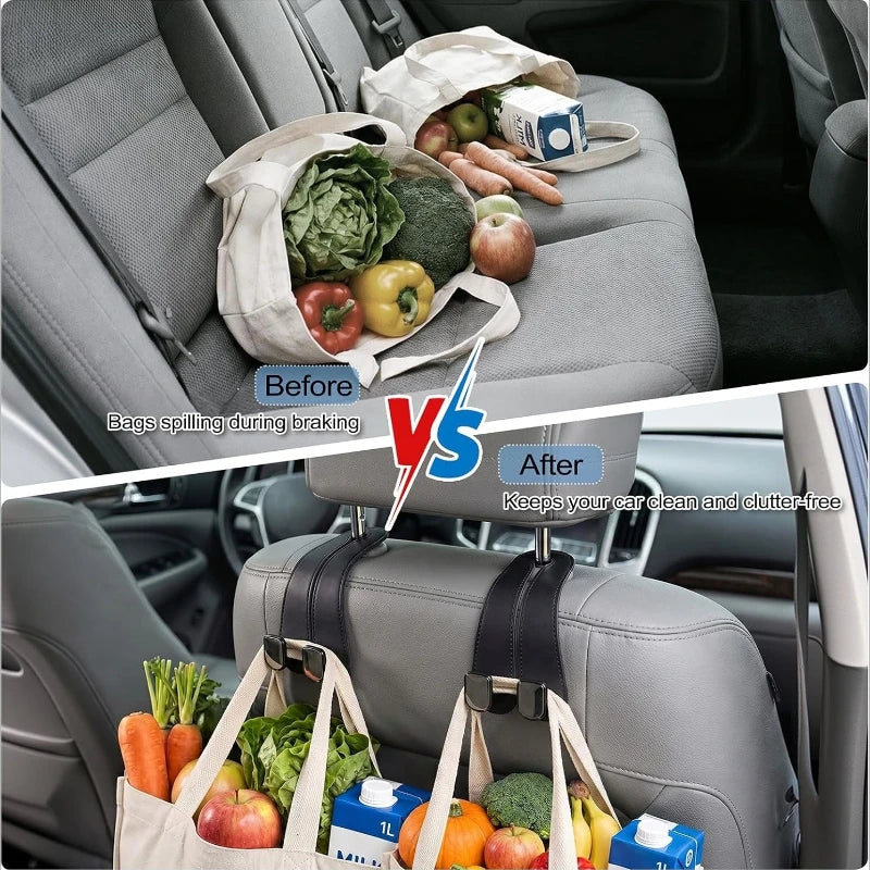 Before and after comparison showing universal car headrest hooks for storage organization preventing spills