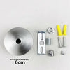 Modern stainless steel pendant lamp components including a disc, mounting plate, and various fasteners.
