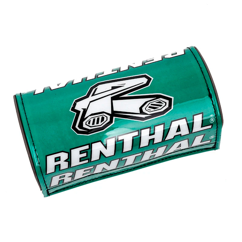 A green foam chest protector pad for motorcycle handlebars with a white logo featuring the letter R.
