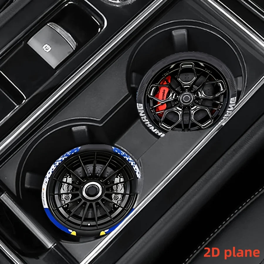 Black silicone coasters featuring racing wheel hub designs in various colors and finishes.