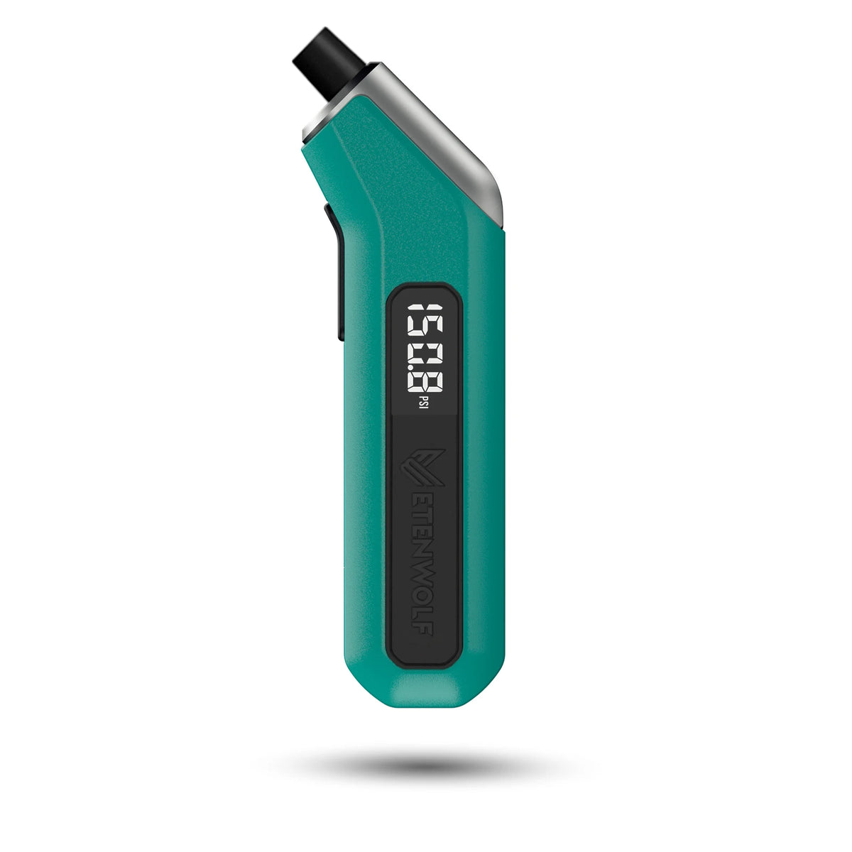 A teal digital tire pressure gauge with a black nozzle and silver accents.
