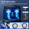 A blue metal cylinder air compressor with a handle and multiple output ports, demonstrating fast inflation for tires.