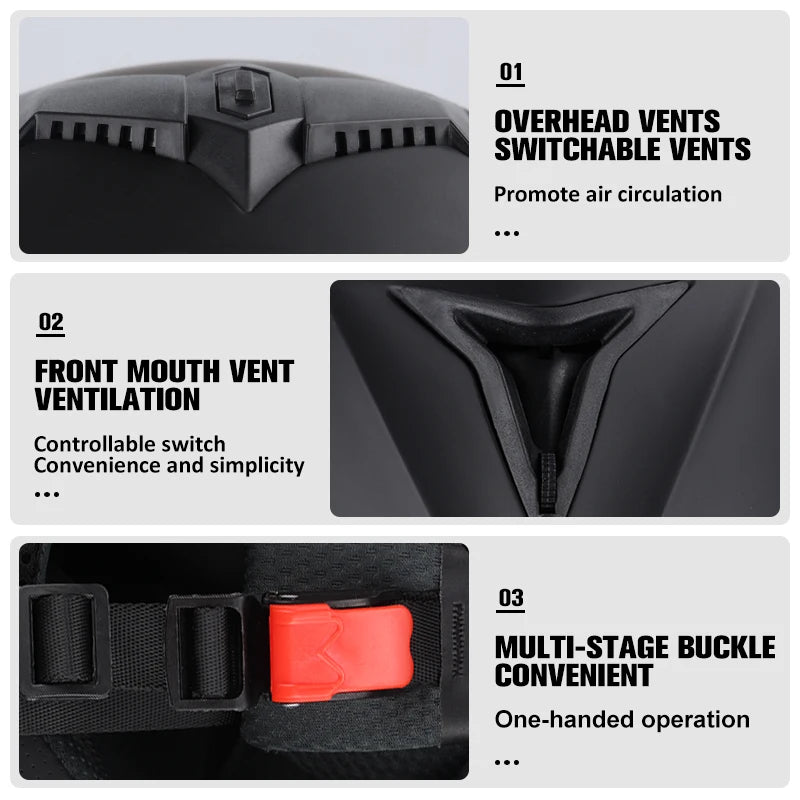 Close-up views of a black motorcycle helmet showing overhead vents, a front mouth vent, and a multi-stage buckle system.