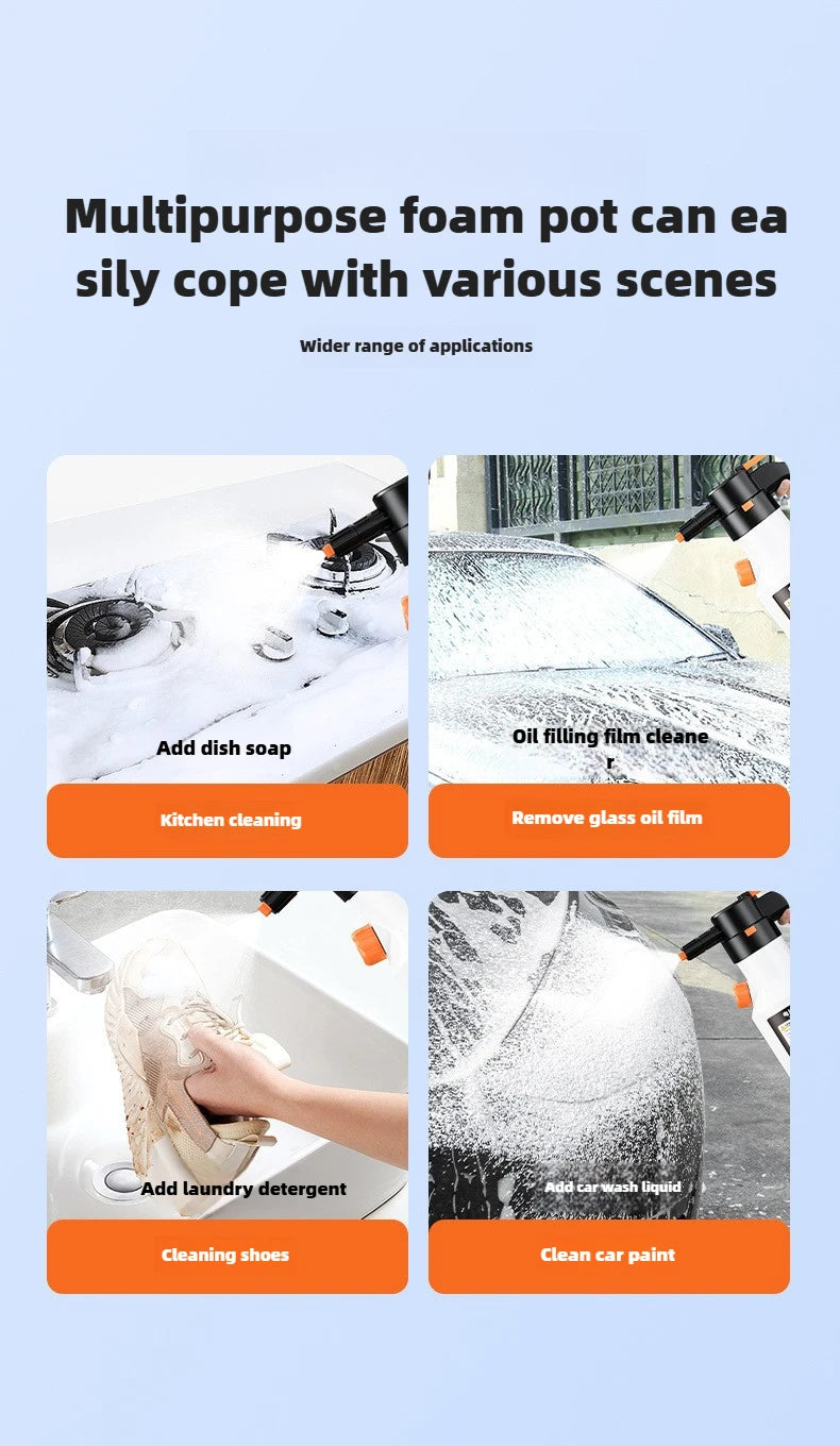 A multipurpose foam pot is shown being used for various cleaning tasks like kitchen, car paint, and shoes.