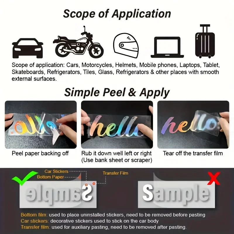 A set of waterproof vinyl decals and peel paper for various surfaces including cars, motorcycles, and electronics.