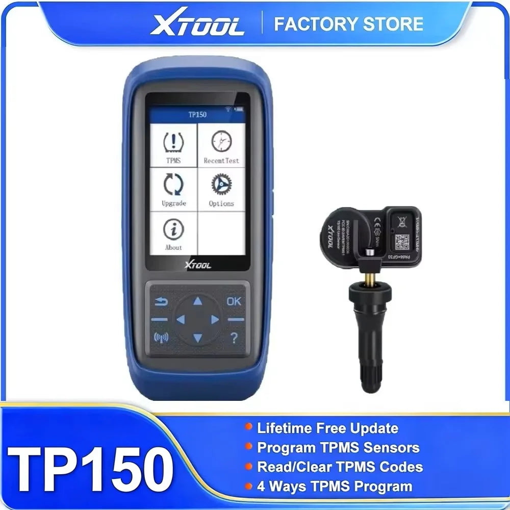 Blue XTool TP150 factory store product showing a handheld diagnostic scanner and related accessories.