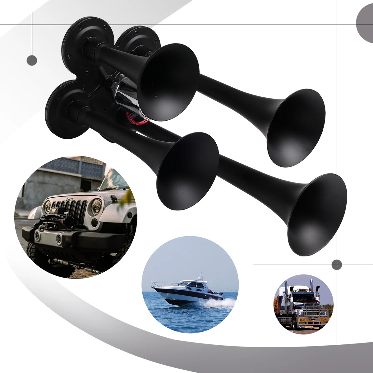 Black heavy-duty air horn system with four tubes shown alongside vehicles.