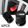 Set of four black aluminum tire valve caps with red accents for car wheels