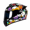 A black motorcycle helmet decorated with colorful cartoon characters and graphics.