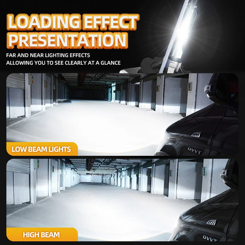 Demonstration of low beam and high beam lighting effects from universal xenon HID car headlights.