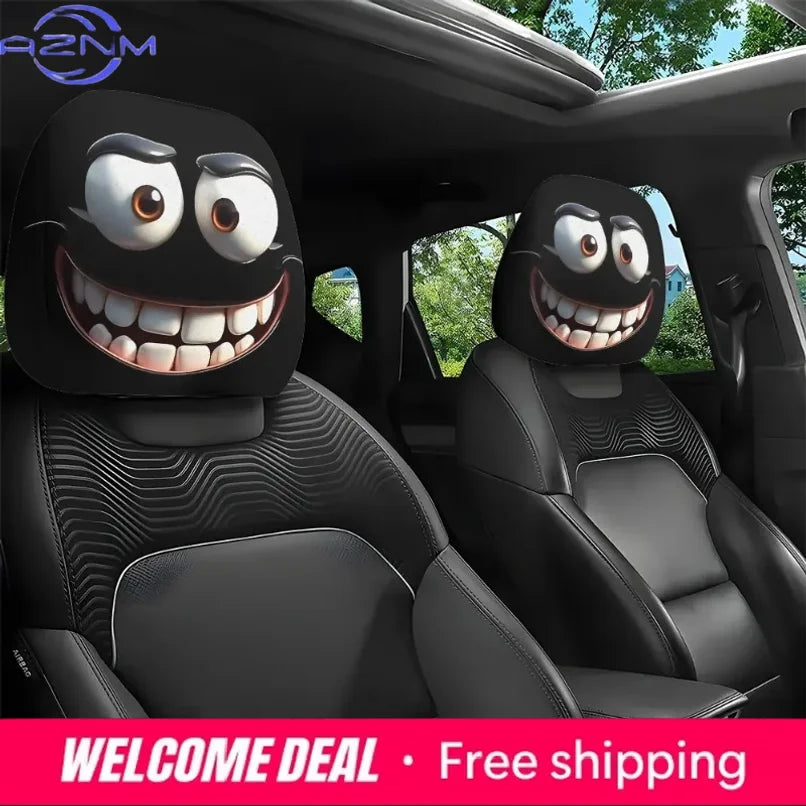 Un juego de dos fundas divertidas para la cabeza del asiento del coche con caras sonrientes instaladas en el interior de un v