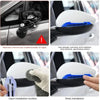Close-up images showing the installation and effect of reflective door bumper strips on a car mirror.