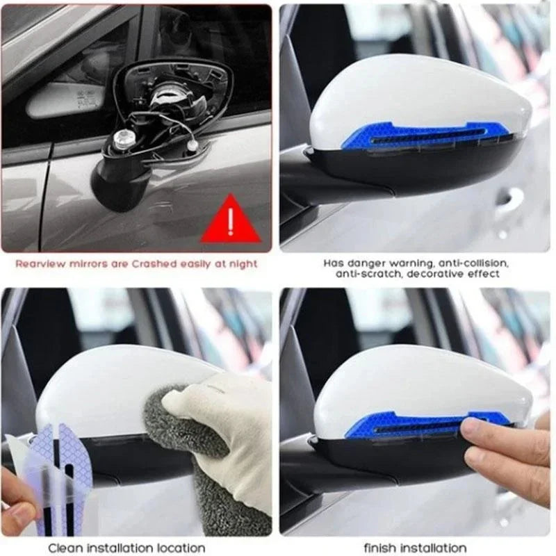Close-up images showing the installation and effect of reflective door bumper strips on a car mirror.