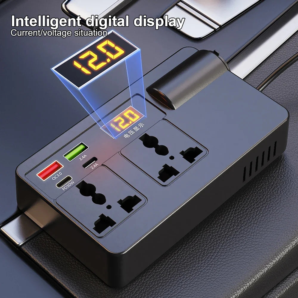 A close-up of an intelligent digital display on a power converter unit showing 12.0 and various DC output ports.