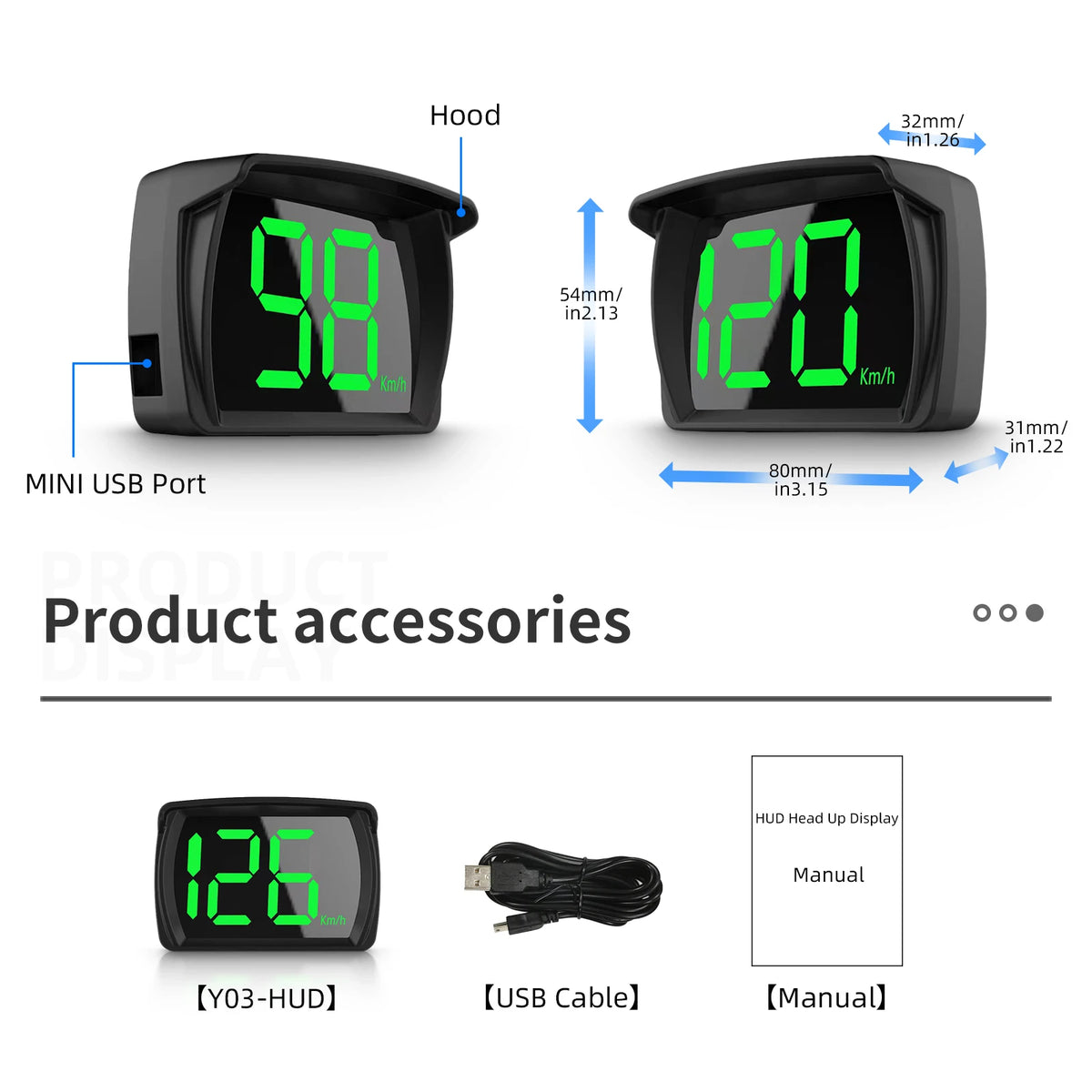 Compteur de vitesse GPS noir avec affichage HD à 120 Km/h, câble USB et manuel.