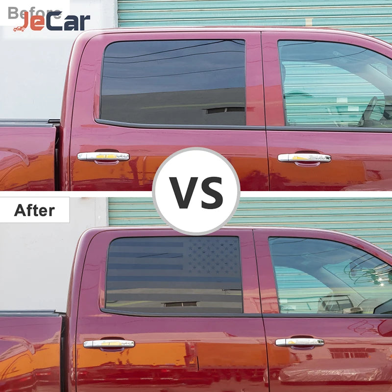 Vorher-Nachher-Vergleich einer PVC-Heckfenster-Dichtungsabdeckung für einen Chevy Silverado oder GMC Sierra Pick-up Truck.
