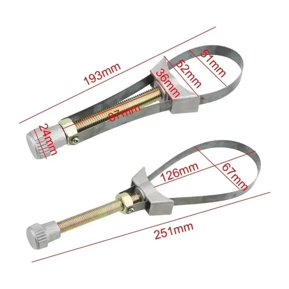 An adjustable auto oil filter removal tool set with various sized jaws and a long shaft.