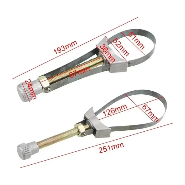 An adjustable auto oil filter removal tool set with various sized jaws and a long shaft.