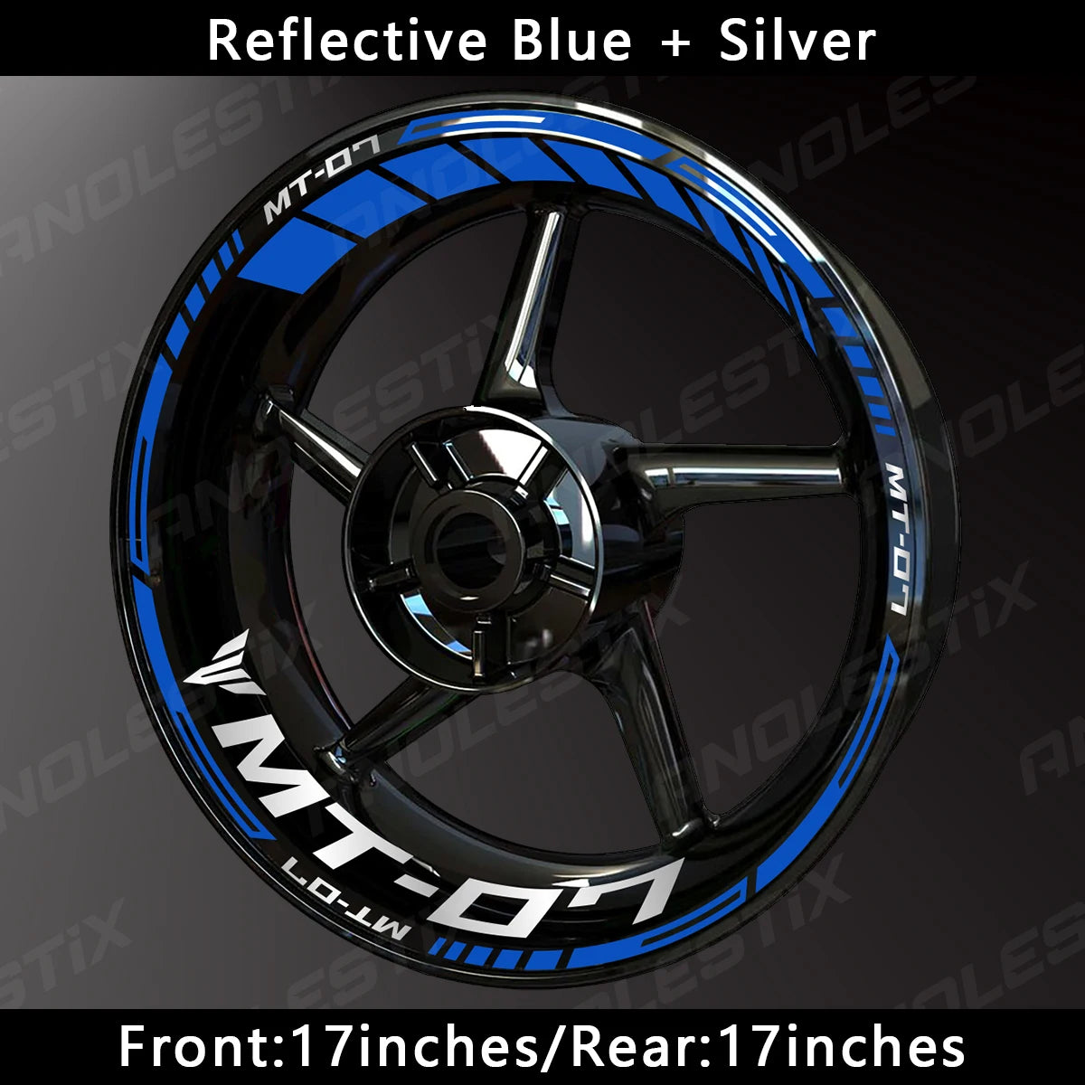 Reflective blue and silver motorcycle wheel decals for a Yamaha MT-07 wheel.
