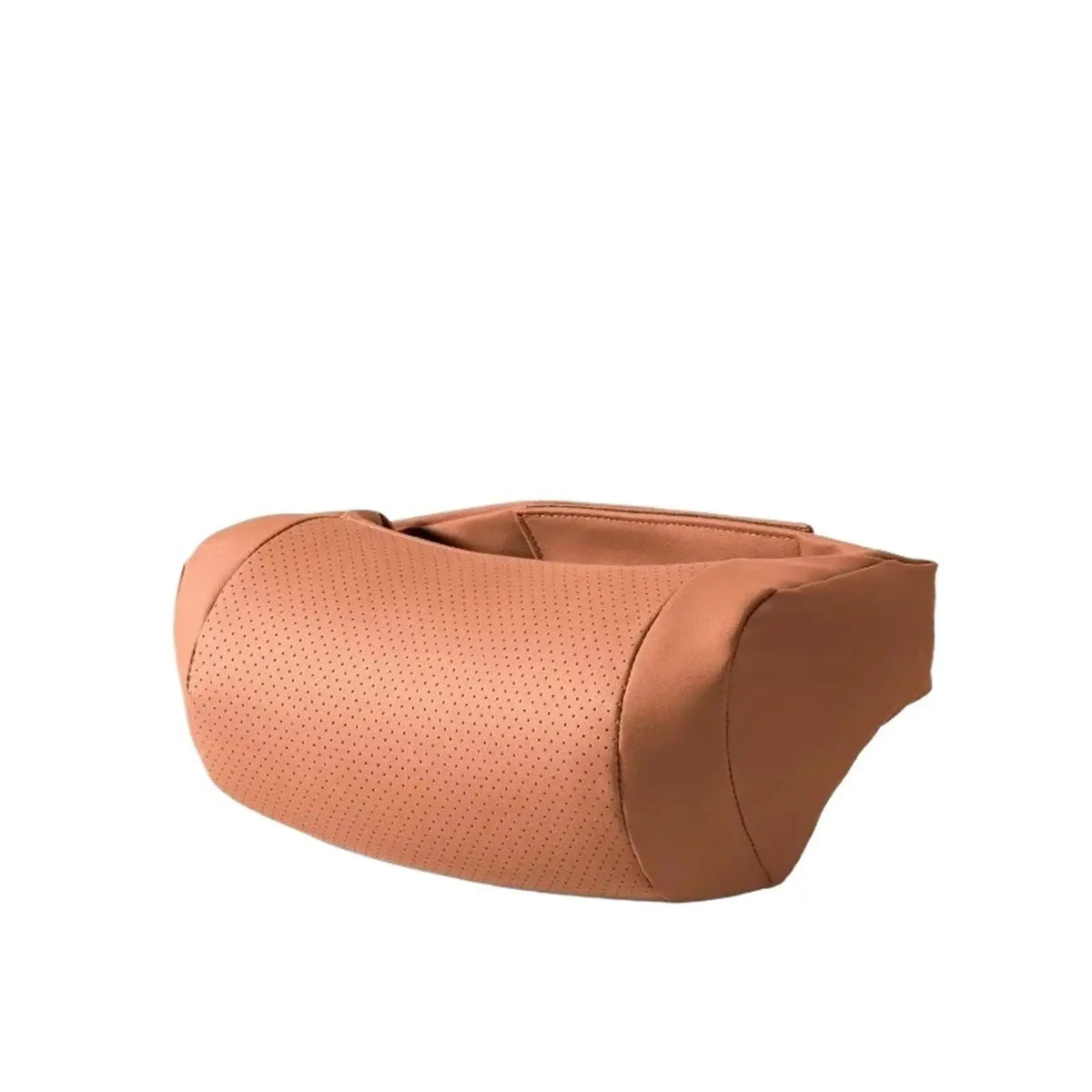 Tan ergonomisches Nappa-Leder-Auto-Nackenstützkissen mit perforierter Textur.