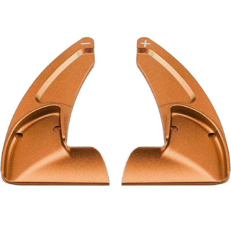 A pair of CNC aluminum steering wheel paddle shifters in a copper or bronze color.