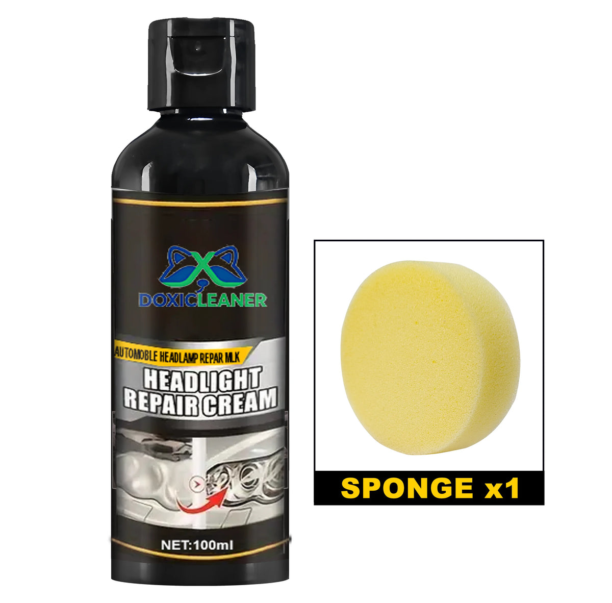 A dark bottle of headlight repair cream with a yellow sponge included for restoration.