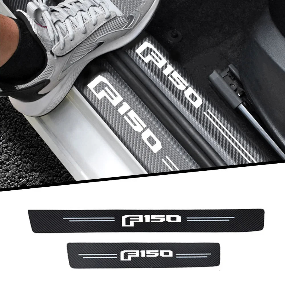 Close-up of a Ford F-150 car door sill protector installed on the interior panel.