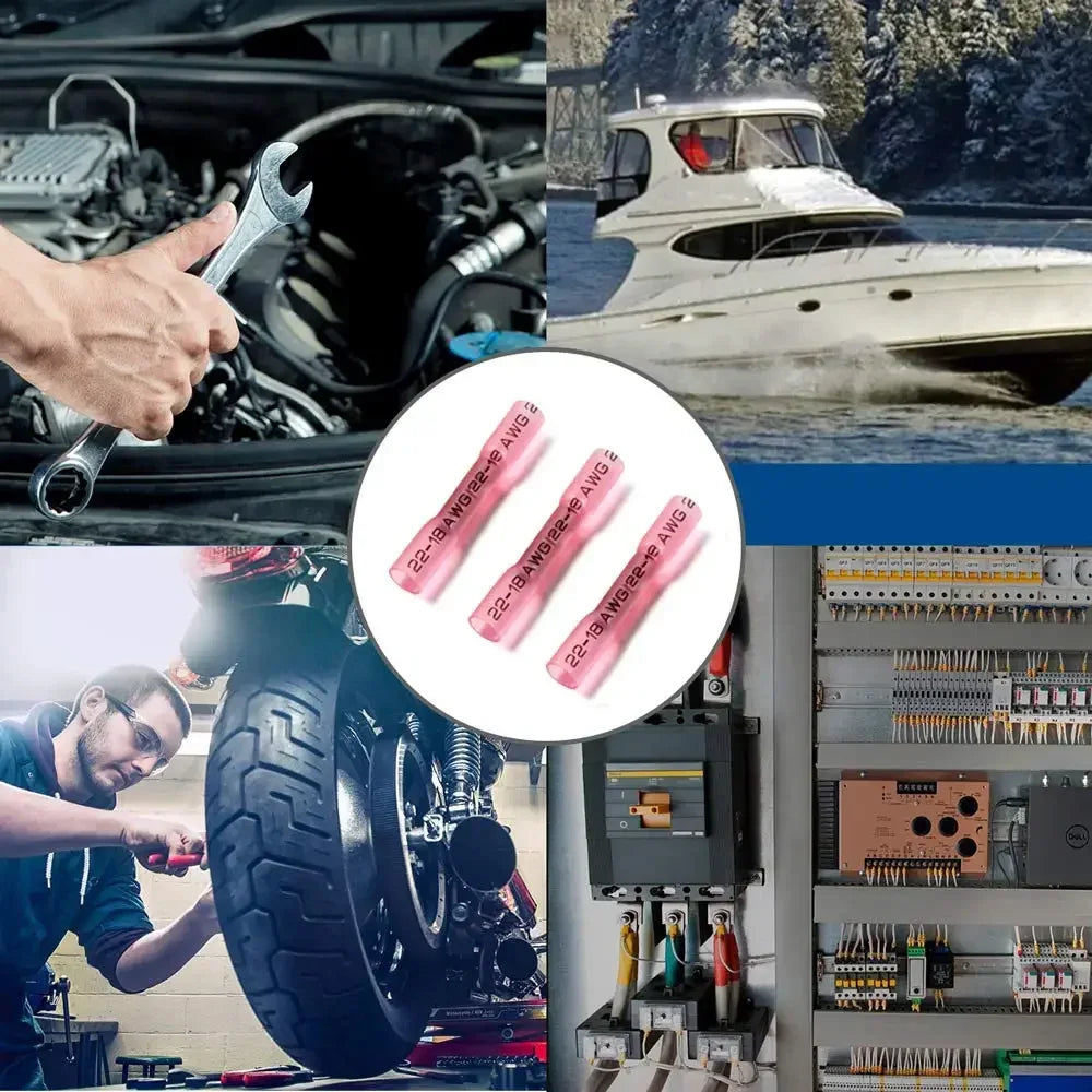 A collage showing various applications and components of durable heat shrink wire connectors, including engine parts, automot