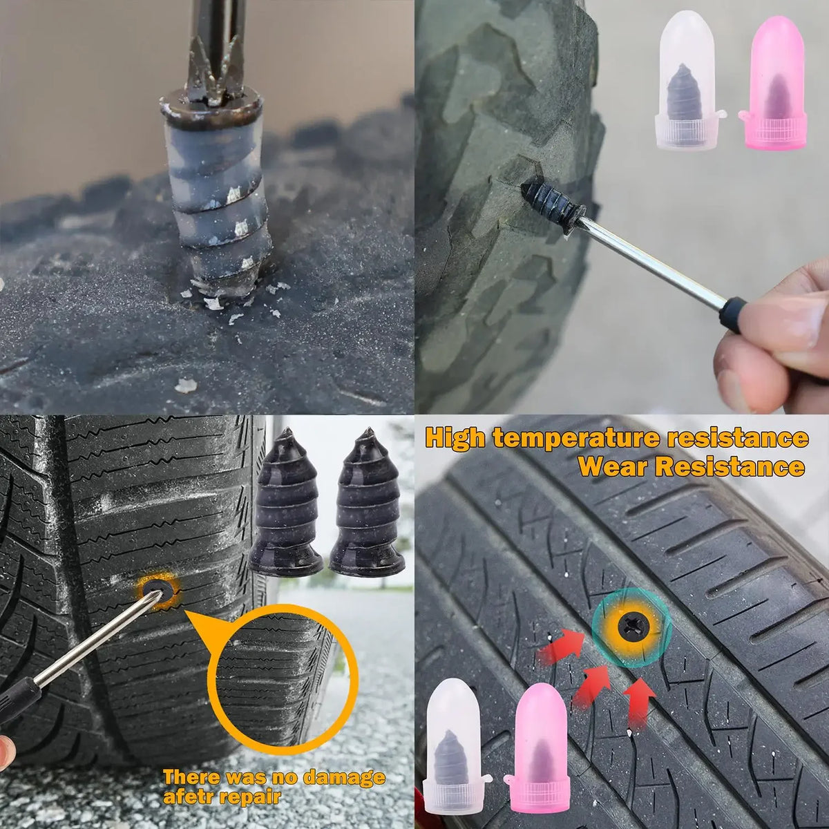 A compact tire repair kit showing rubber plugs for tire repair and wear resistance testing.