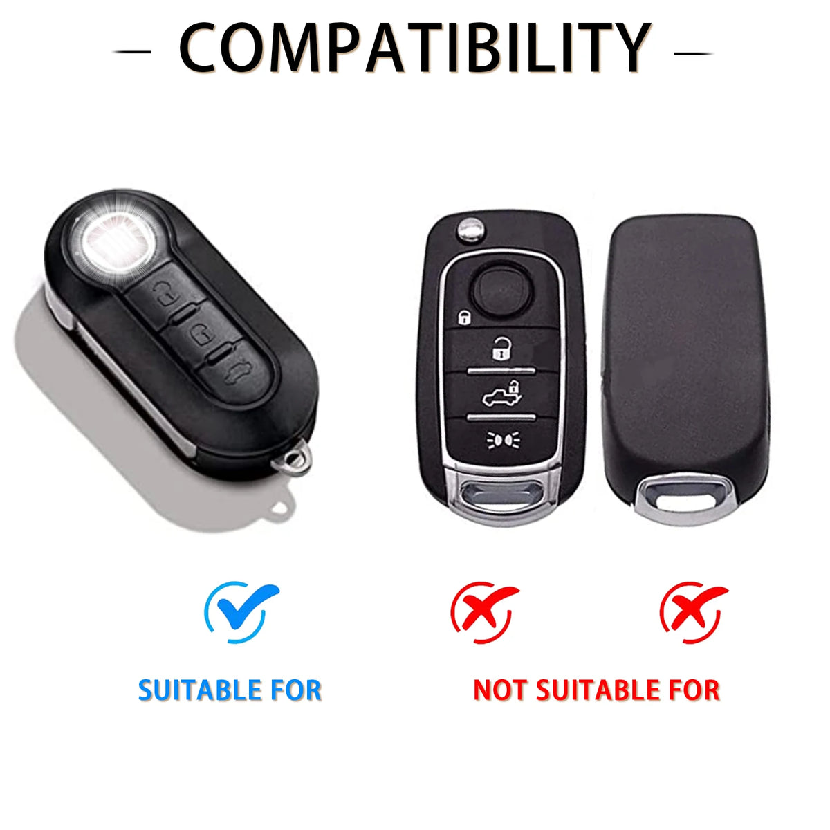 Housse de clé en cuir noir de luxe avec icônes de compatibilité pour Fiat, Citroën et Lancia.