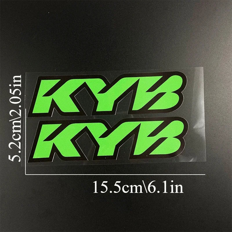 A sheet of bright green KYB racing suspension decals for motorcycles, measuring 5.2cm by 15.5cm.