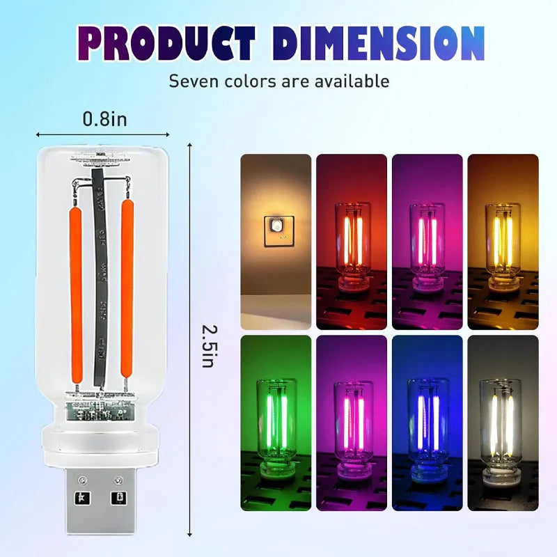 A white USB touch dimmable LED night light with seven available colors displayed in various lighting conditions.