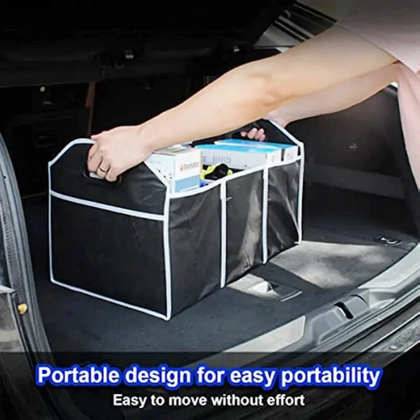 A hand places a black and white portable car trunk organizer bag into the trunk of a vehicle.