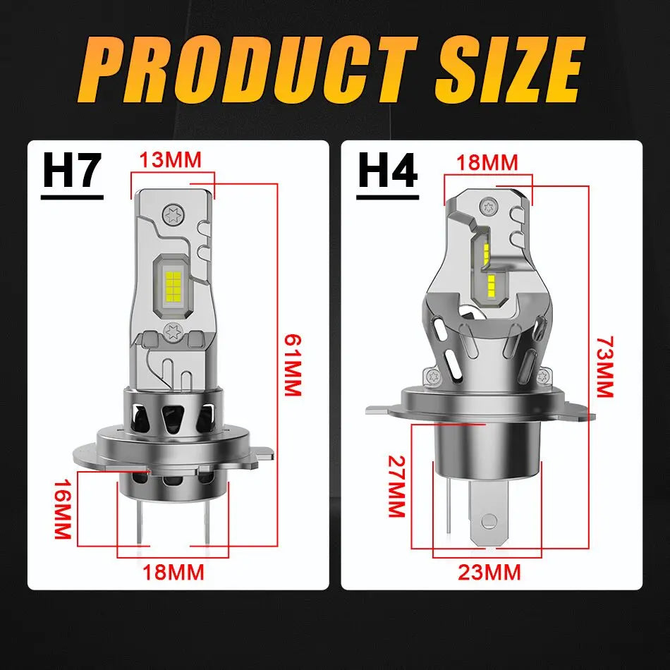 Comparison of H7 and H4 LED headlight bulbs showing their physical sizes and dimensions.