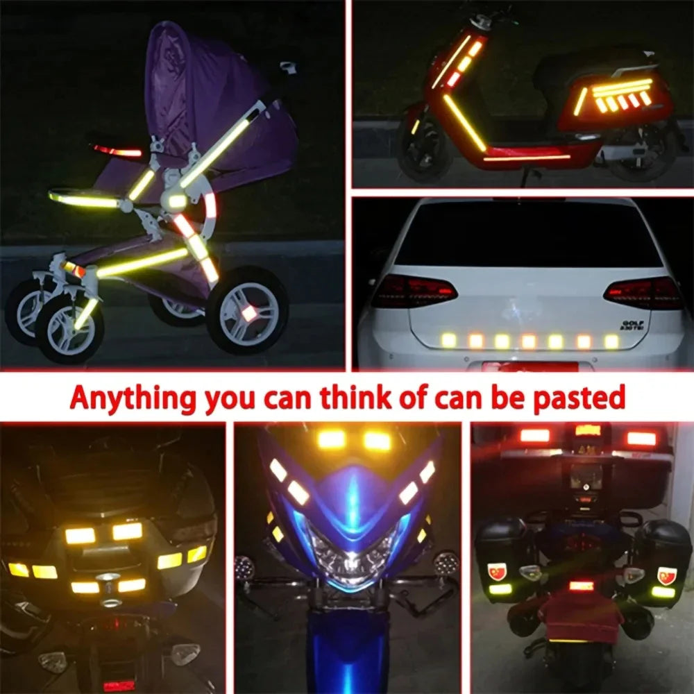 Various high-visibility reflective tape products including a purple scooter, a white car, and various vehicle lights.